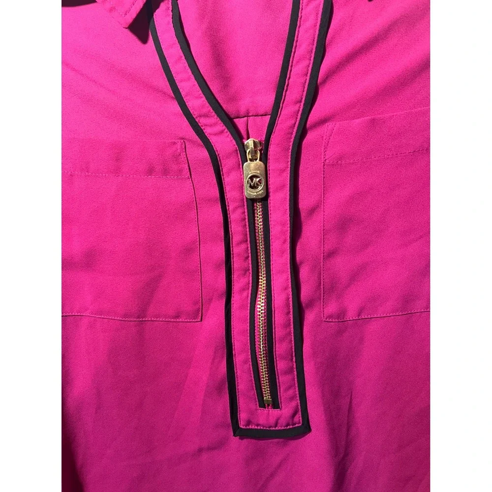 Michael Kors Women Pink Half Zip Roll Tab Sleeve Blouse Top Medium